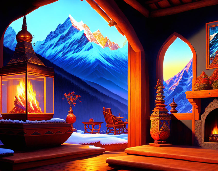 Rustic cabin interior with fireplace, lanterns, and mountain view at sunset