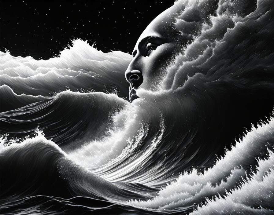 Monochrome art: serene face with rolling waves under starry sky