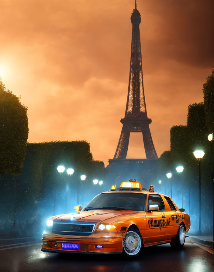 Yellow Taxi Parked on Misty Street with Eiffel Tower Background