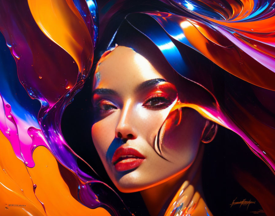 Colorful swirling liquid textures form surreal portrait of a woman