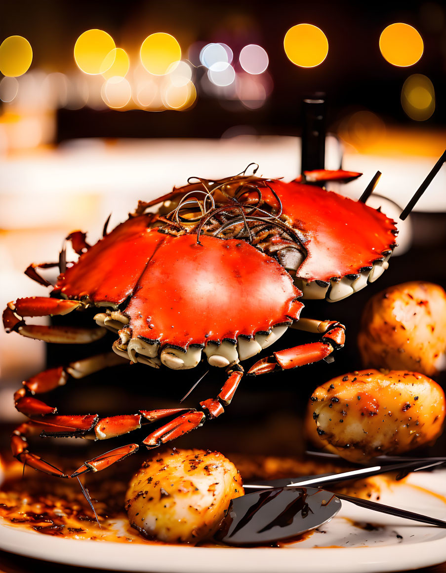 Whole cooked crab with seasoned potatoes on plate, warm bokeh lights in background