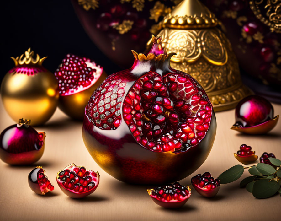 Freshly Cut Pomegranate with Seeds on Dark Background