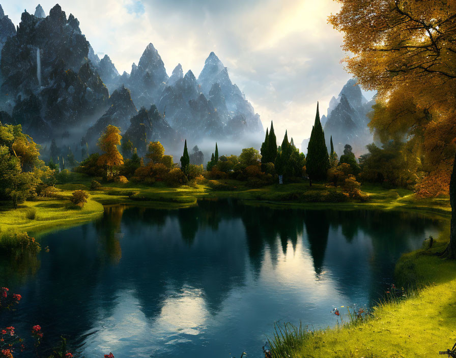 Tranquil autumn landscape with lake, mountains, and sunlight