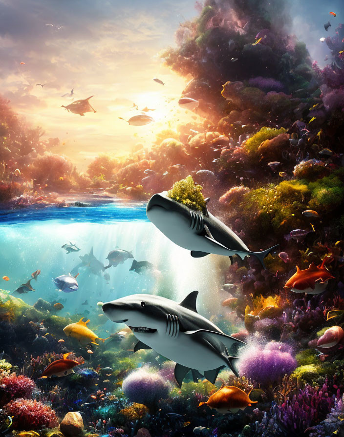 Colorful undersea world with sharks, diverse fish, coral reef, surreal waterfall, and ethereal