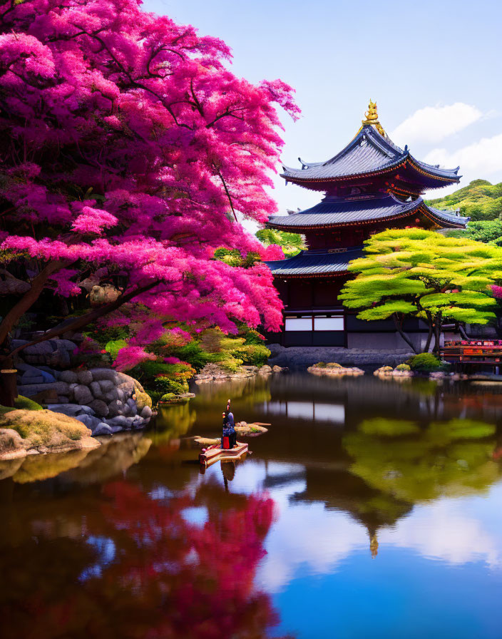 Traditional Japanese building surrounded by vibrant pink foliage and a reflective pond with a person in a boat.