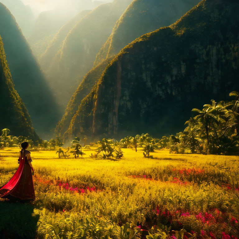 Person in red dress in sunlit field with lush greenery and towering cliffs