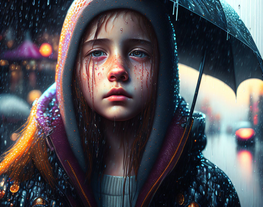 Child in raincoat with umbrella under raindrops and bokeh lights