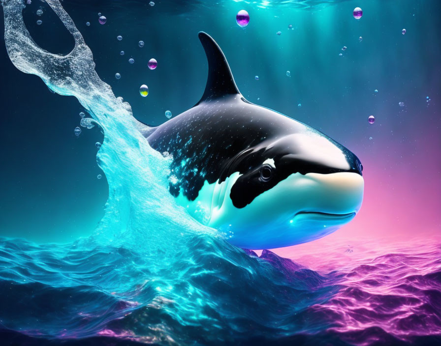 Orca Whale Breaching in Vibrant Digital Ocean