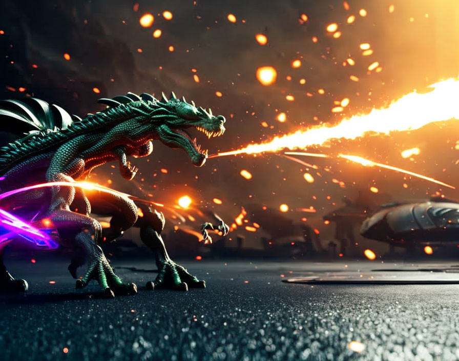 CGI green dragon breathing fire in futuristic cityscape