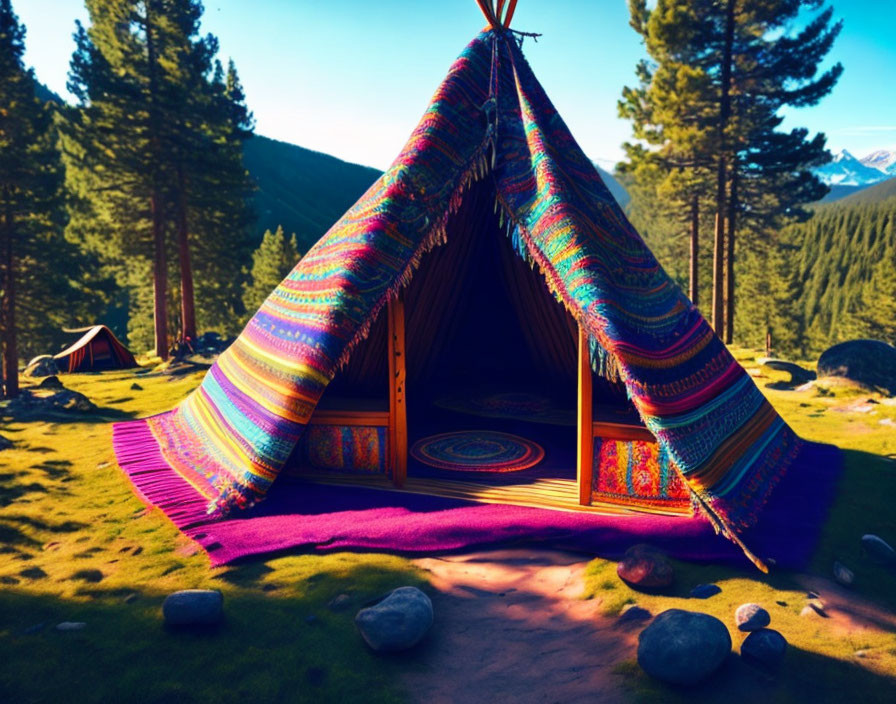 Vibrant Teepee with Intricate Patterns in Forest Clearing