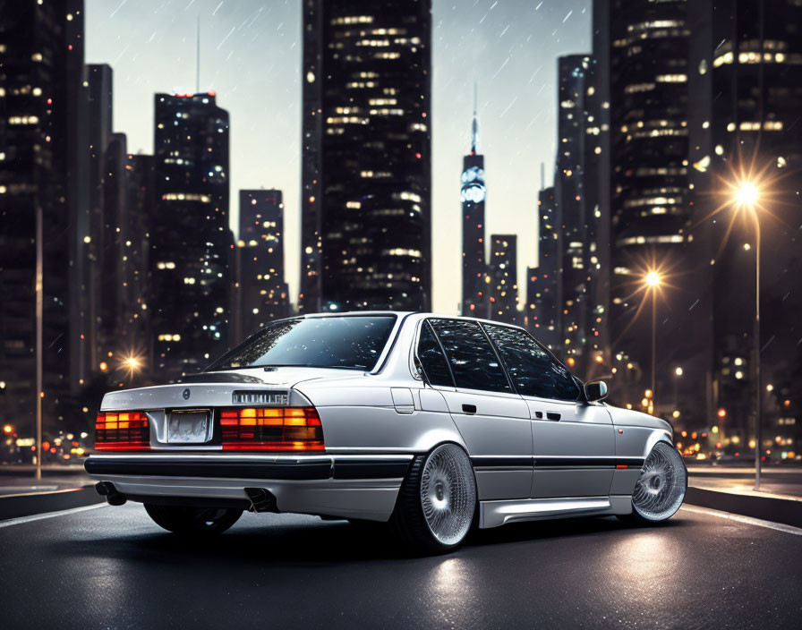 White Sedan Parked on Road at Night with City Skyscrapers Backdrop