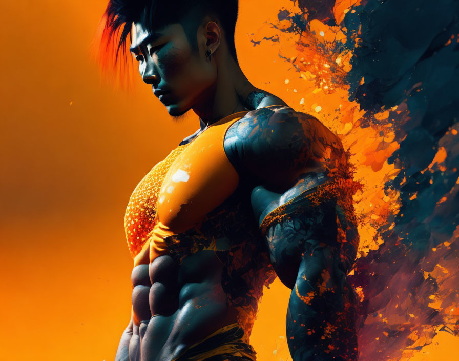 Muscular tattooed figure on orange backdrop with splash effect