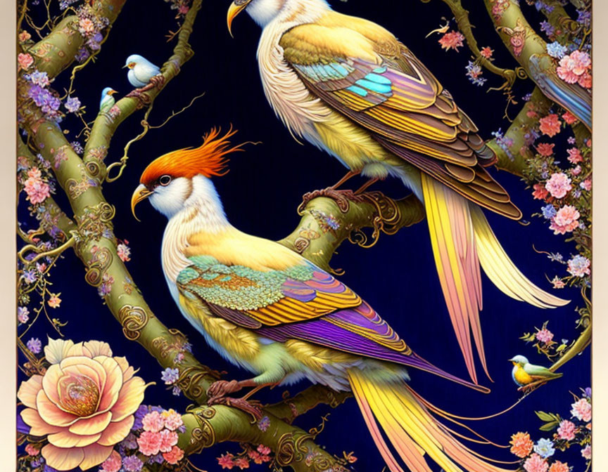 Colorful Birds on Blossom-Covered Branches Against Dark Blue Background