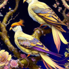 Colorful Birds on Blossom-Covered Branches Against Dark Blue Background