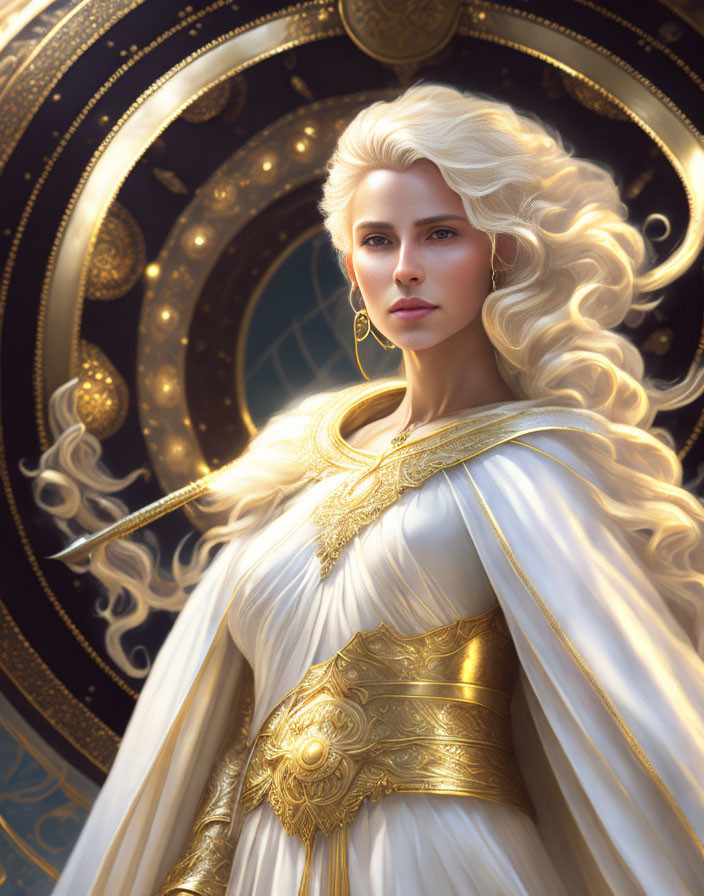 Blonde woman in golden armor and white cloak against mystical circles