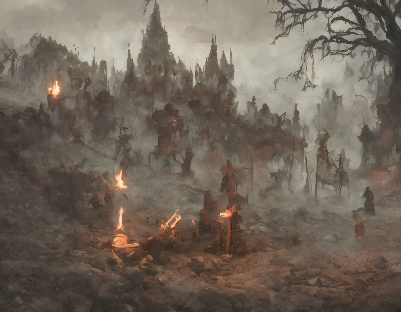 Desolate landscape with fiery torches and shadowy figures in post-apocalyptic ruins