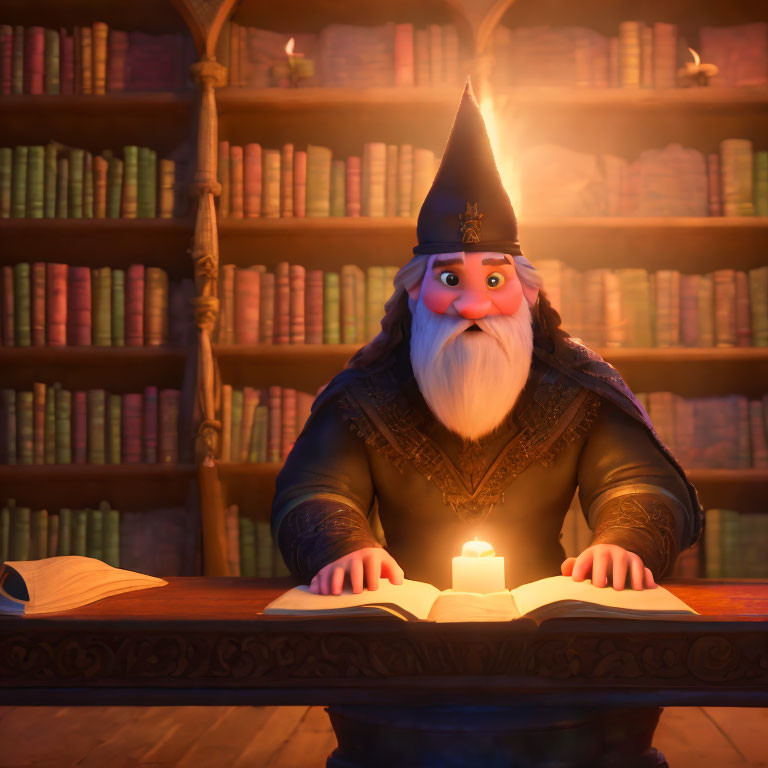 Animated character in hat reads book by candlelight