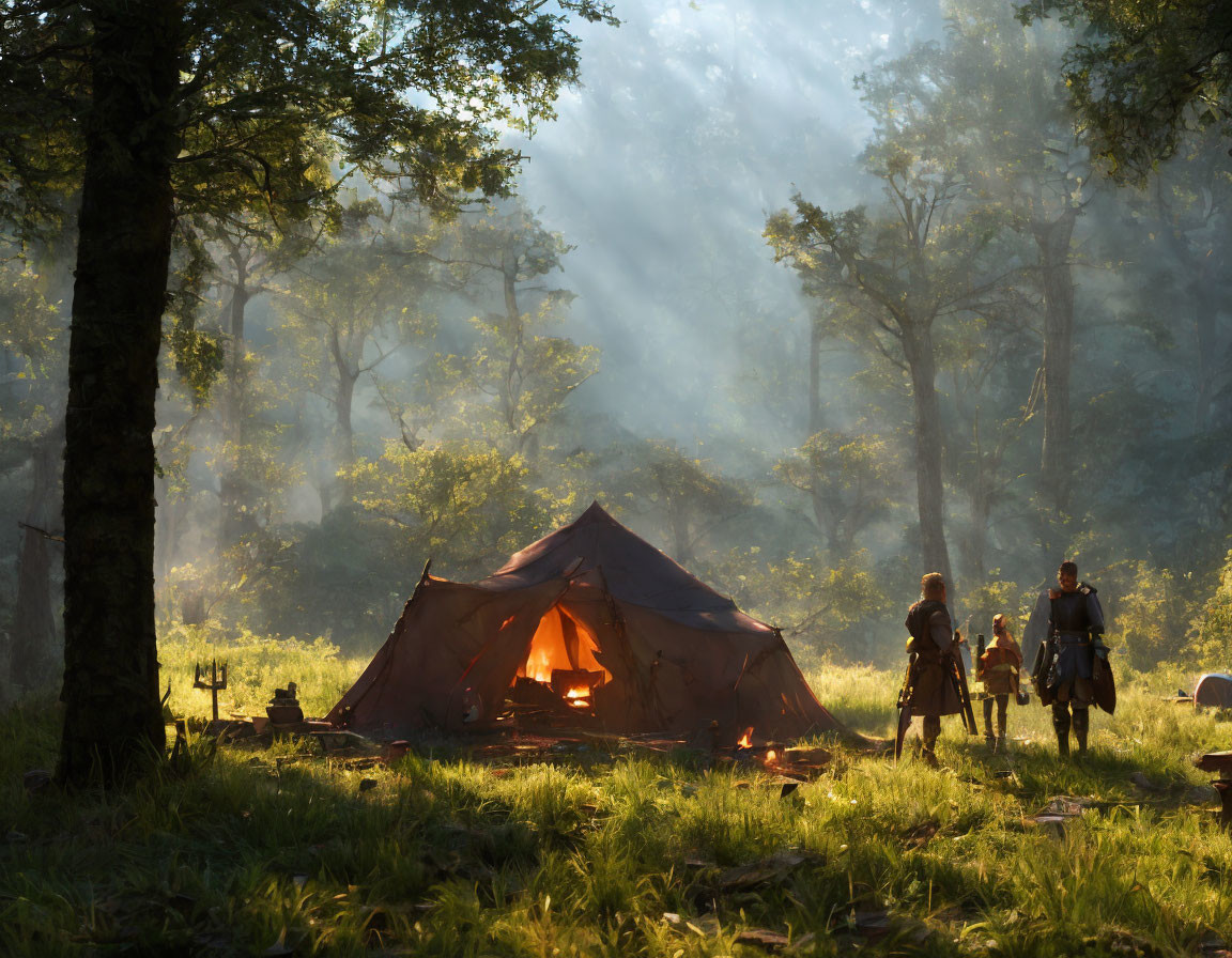 Tranquil forest campsite with figures, tent, and glowing fire