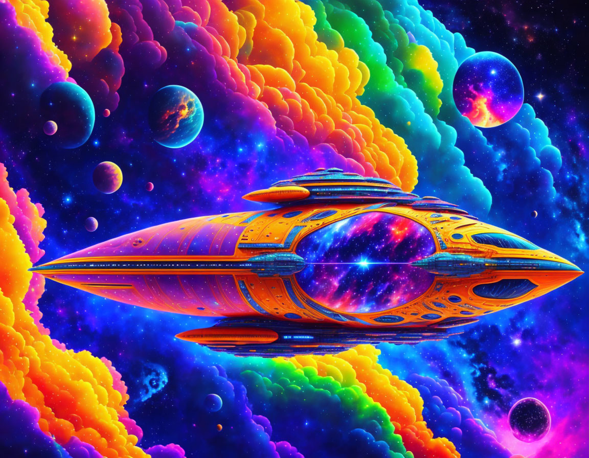 Colorful digital art: Futuristic spaceship in psychedelic space scene