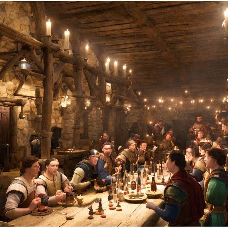 Medieval tavern scene with feasting people and candlelit ambiance