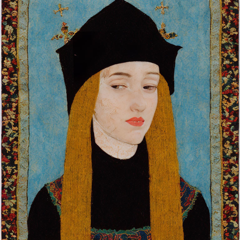 Medieval portrait of a pale woman in black headdress and floral dress