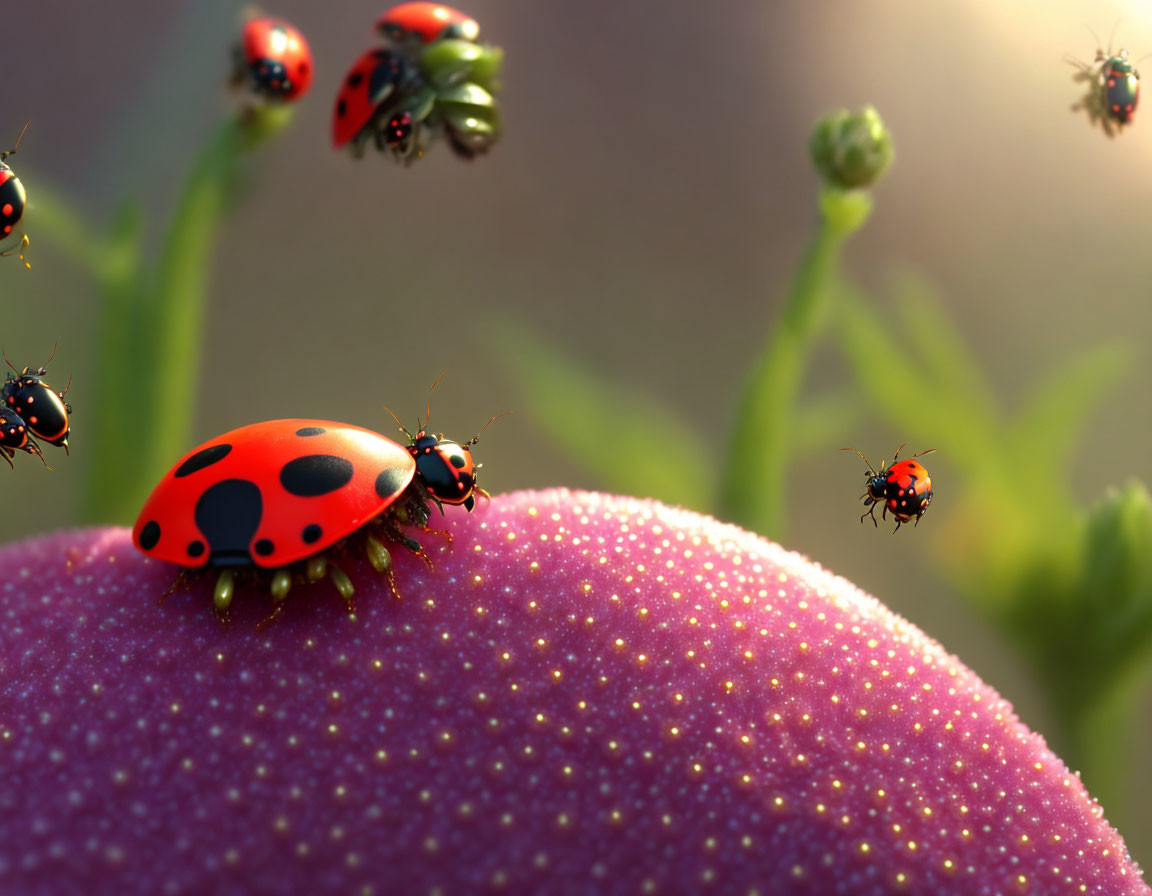 Red and black ladybugs on purple plant in soft light