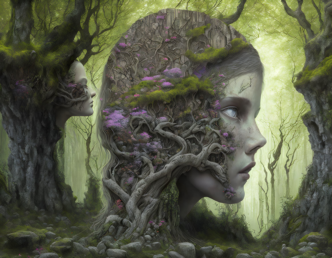 Mystical forest scene with merging human-like faces and tree roots