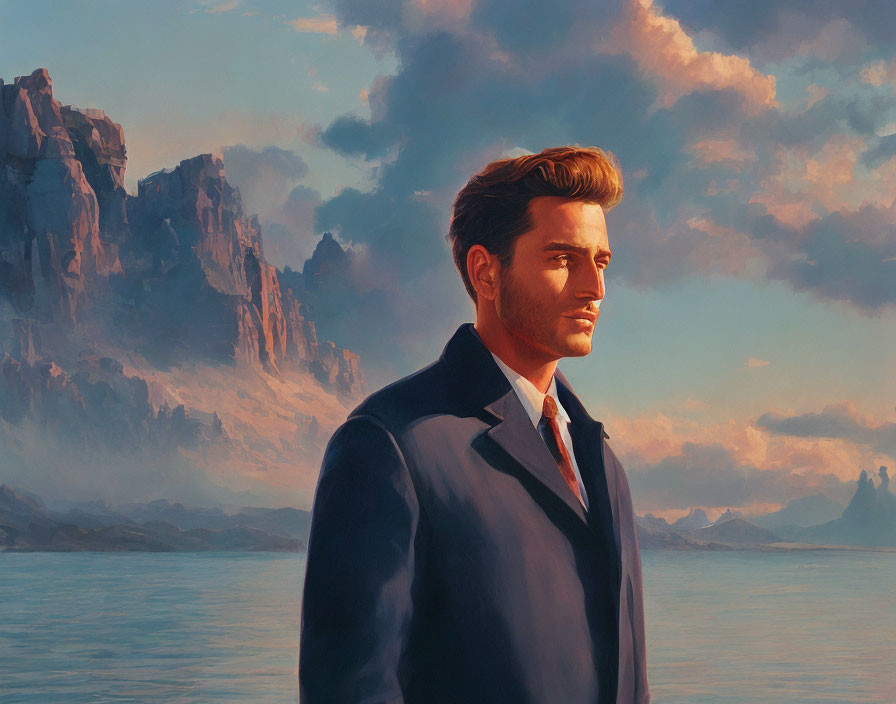 Dramatic sunset portrait of a man in suit with cliffs and clouds