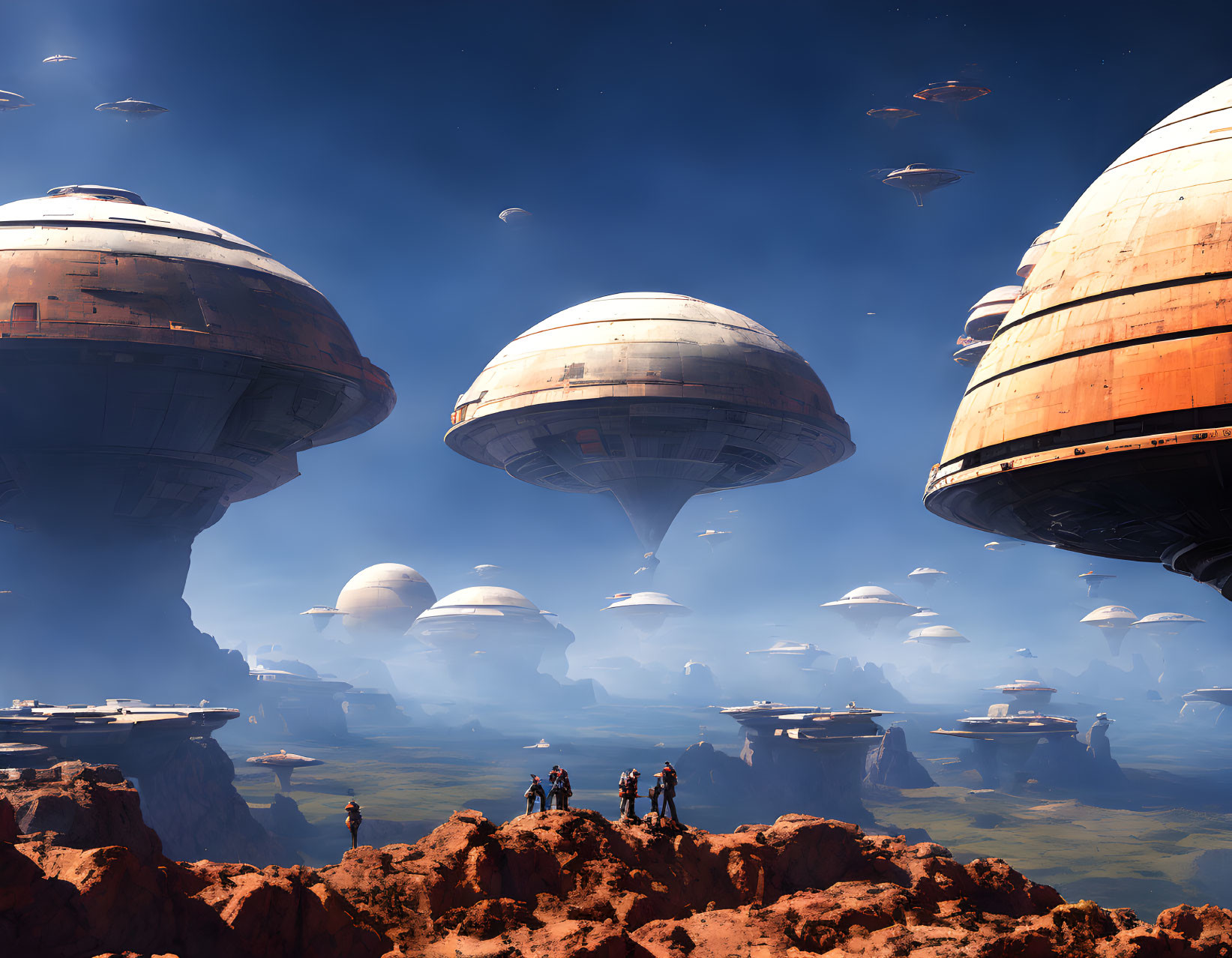 Figures on rocky outcrop observe floating structures in alien desert