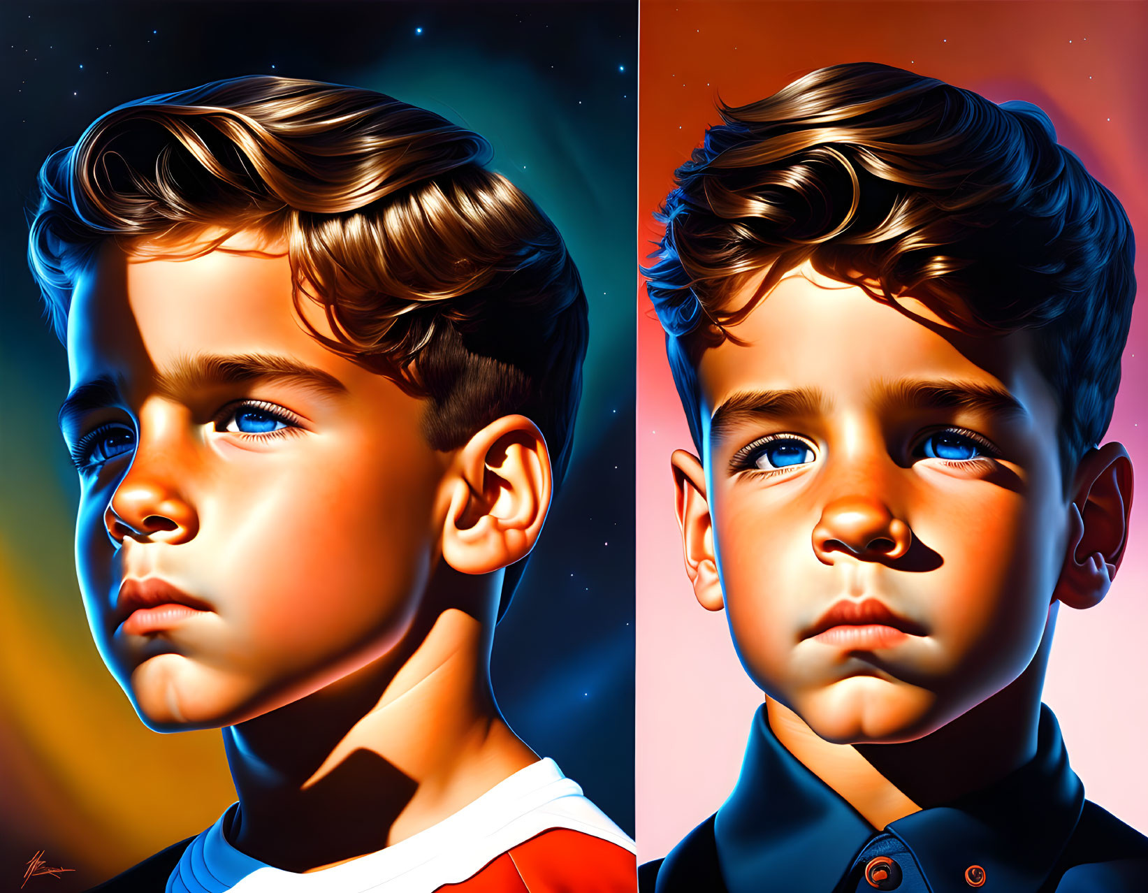 Detailed Hyperrealistic Digital Artwork: Boy with Blue Eyes in Dual Profiles