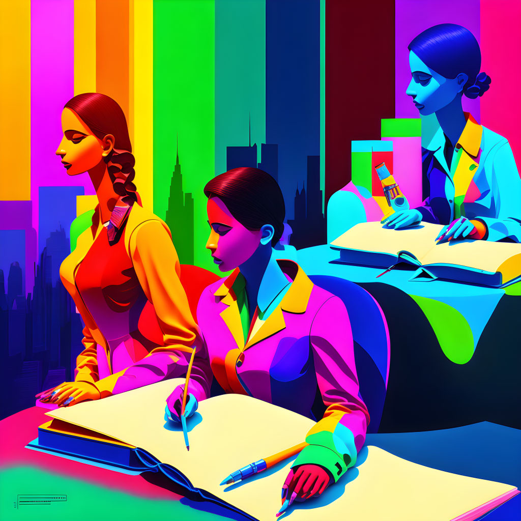 Colorful Stylized Women in Suits Reading and Writing in Vibrant Cityscape