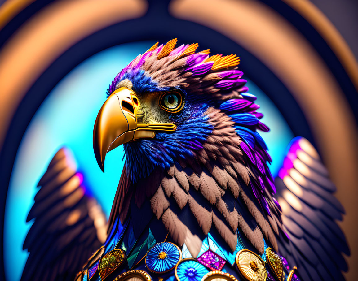 Colorful Eagle Artwork with Detailed Feather Patterns on Blue Background