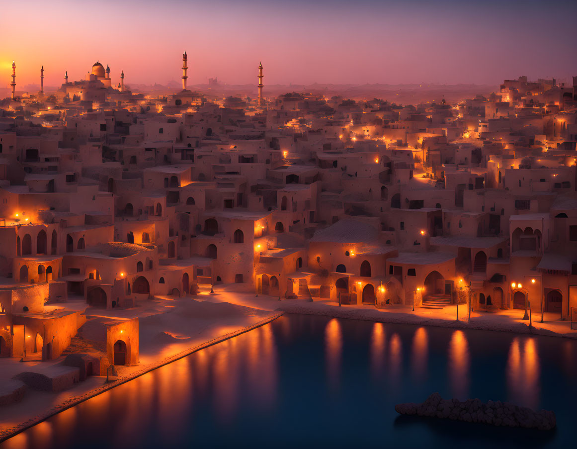 Middle Eastern cityscape at twilight with traditional architecture and reflective water canal