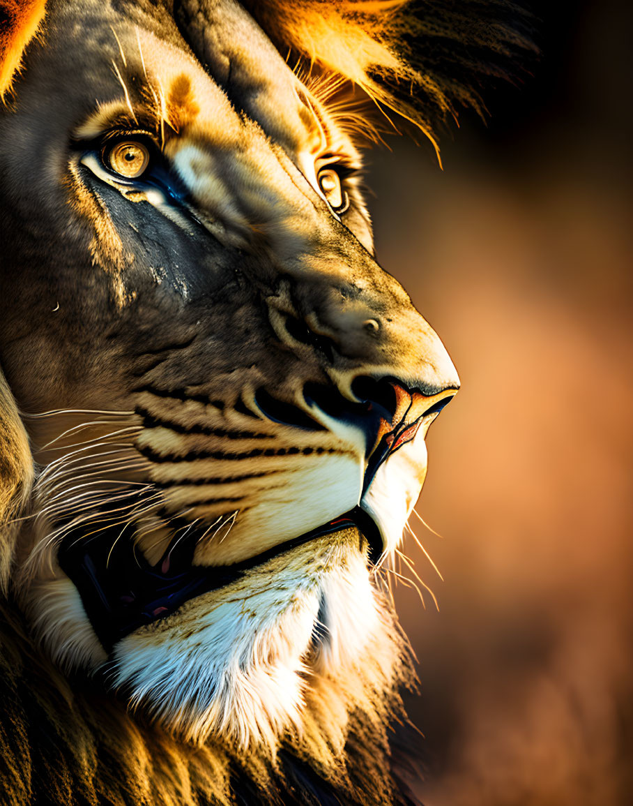 Detailed close-up of lion's face with deep gaze and highlighted mane