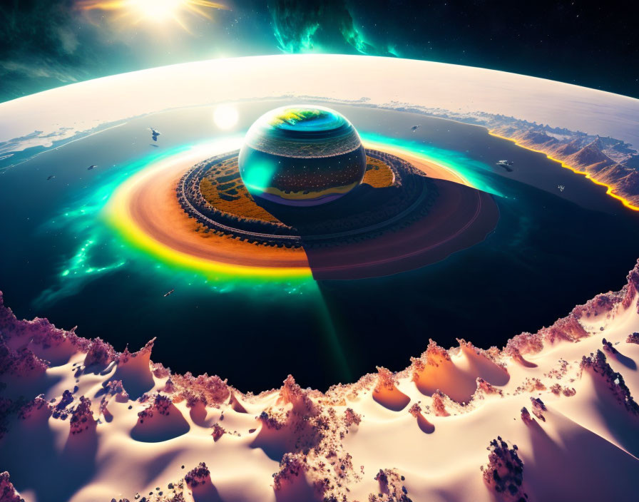 Futuristic ringed structure above icy planet with aurora