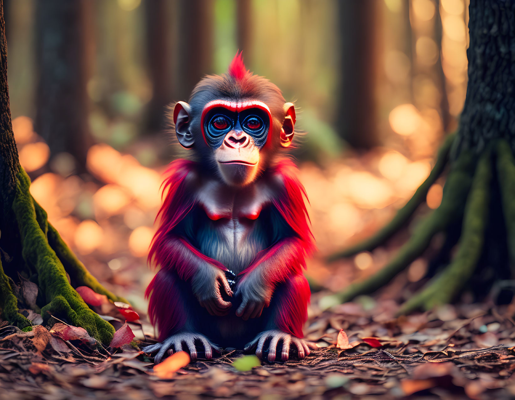 Colorful Monkey with Red Fur and Blue Face in Forest Scene