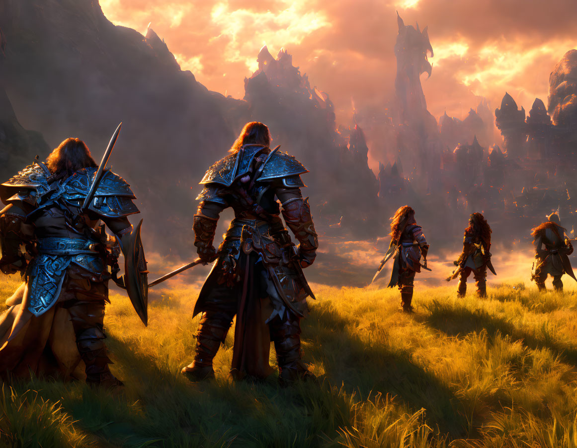 Armored warriors in field at sunset facing rocky formations