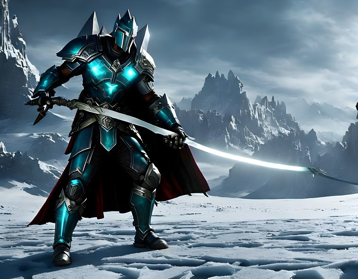 Blue-armored knight wields glowing sword in snowy landscape