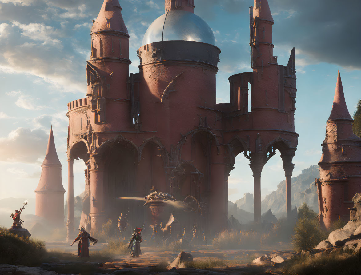 Fantasy landscape with ancient red castle, warriors, and giant creature at sunset