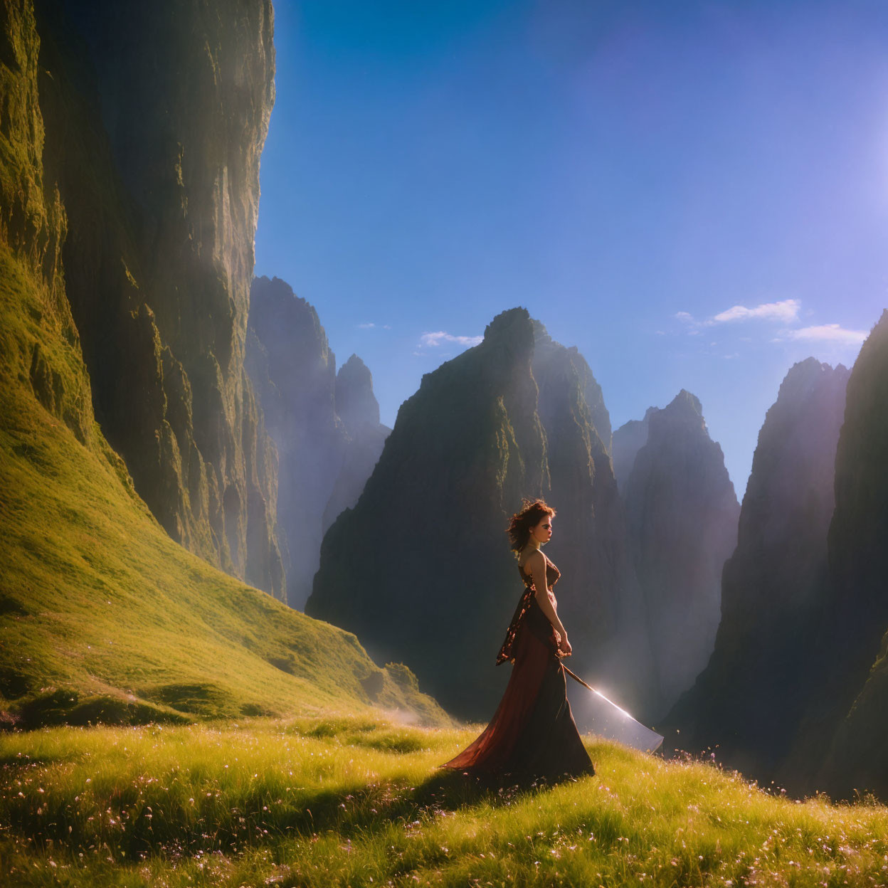 Woman in Red Dress Stands on Green Plain with Sword, Rocky Cliffs in Background