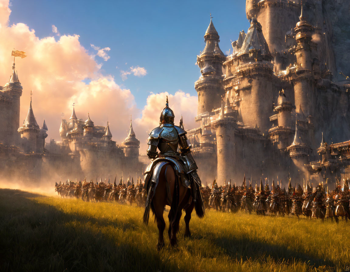 Knight on Horseback Faces Vast Army and Castle