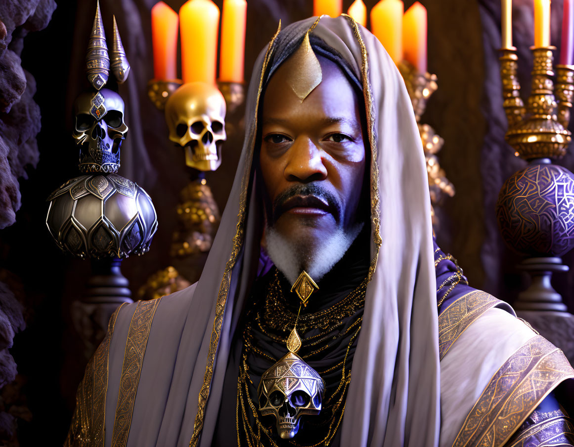 Regal figure in ornate robes surrounded by candles and skulls