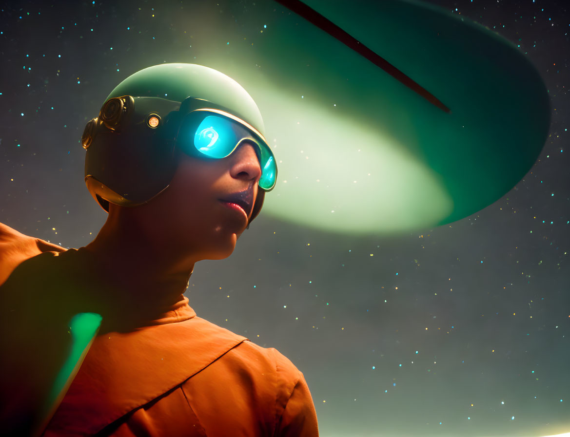 Futuristic helmeted person under UFO with blue goggles