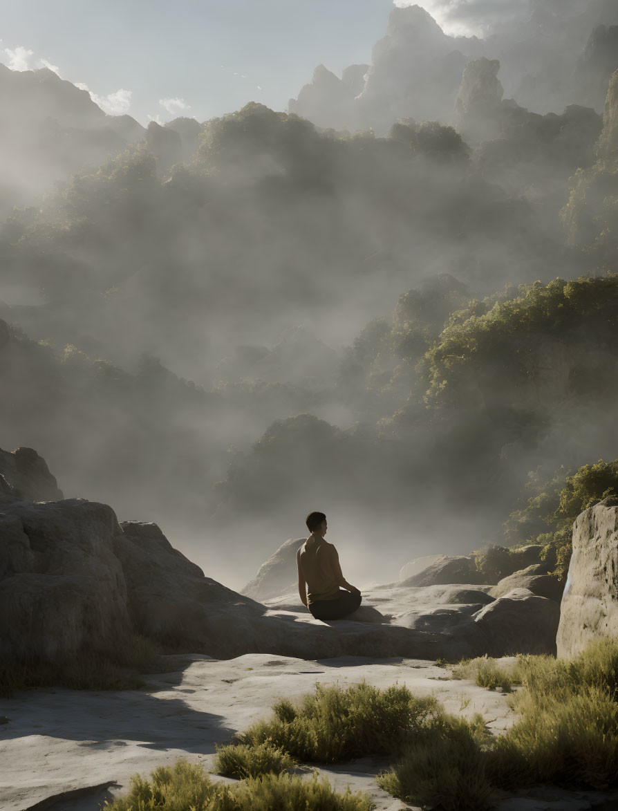 Person meditating on rock in misty mountain setting