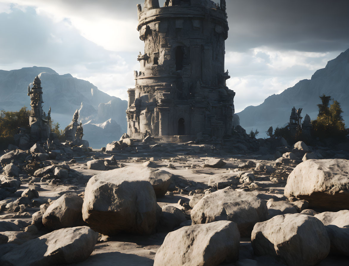 Abandoned stone tower in rocky terrain under cloudy skies