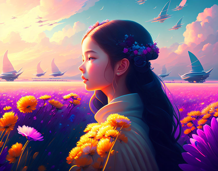 Young woman with flower crown admiring sky with sailing ships in vibrant flower field