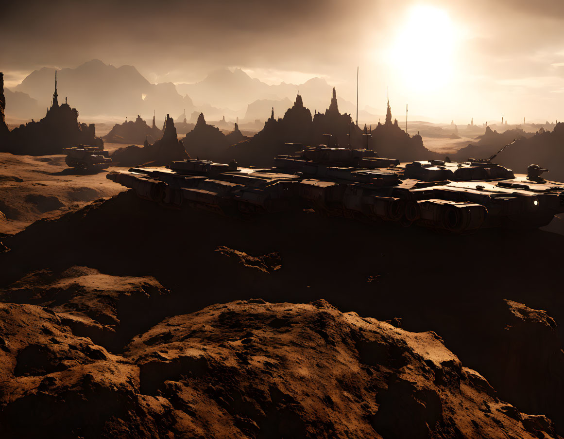 Sci-fi spaceship on barren desert landscape with rocky terrain and towering spires under hazy sky