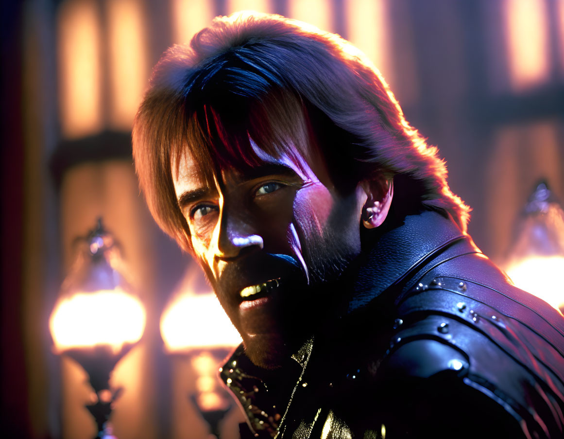 Bearded man in dark leather outfit with torch-lit background