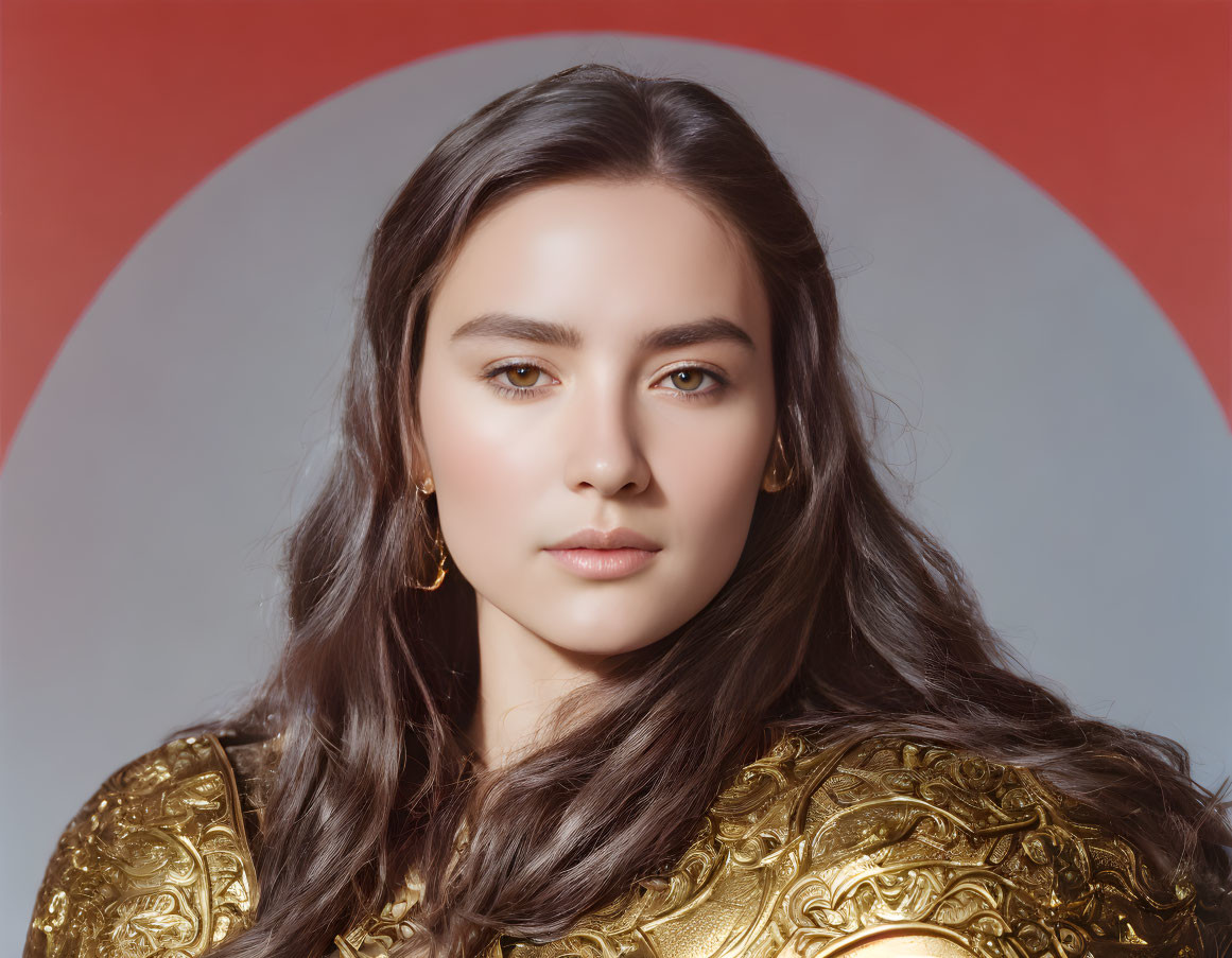 Portrait of Woman with Long Brown Hair in Golden Ornate Clothing