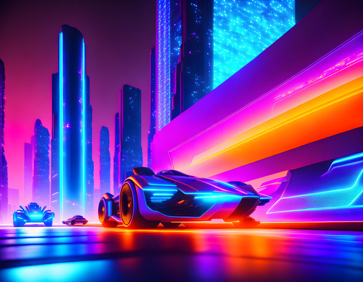 Futuristic cityscape: neon lights, skyscrapers, high-tech car at dusk